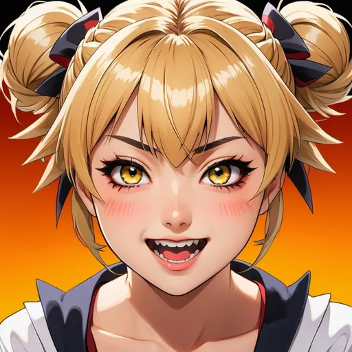 Prompt: High-quality anime illustration of Himiko Toga, detailed facial features with a mischievous expression, dynamic action pose, vibrant and intense color palette, anime, detailed eyes, vibrant, action-packed, highres, ultra-detailed, anime, dynamic, intense colors, detailed eyes, mischievous, professional, dramatic lighting, blonde hair in twin spiky looking messy buns, yellow eyes, vampire fangs, 