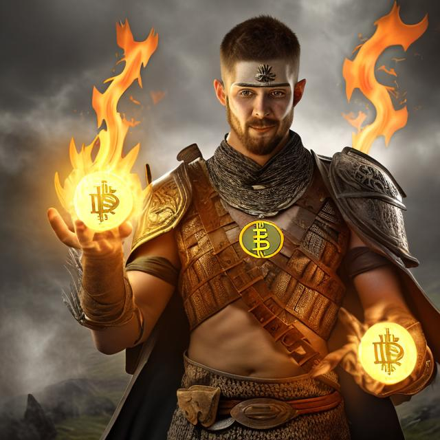 Prompt: Photo realistic warrior in Celtic dress with a flaming Bitcoin symbol on his chest