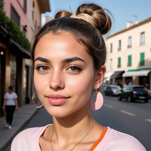 Prompt: A young Algerian-French woman in her twenties with olive skin tone, almond-shaped brown eyes, and thick arched eyebrows. She has full pink lips and a straight, slender nose. Her long, silky hair is dark brown with light blonde highlights, styled in trendy hairstyles like a high bun or natural waves. She wears a mix of modern chic and comfortable Algerian styles, such as a simple t-shirt with jeans and sneakers, or a light summer dress. Her accessories include small gold earrings, a simple gold necklace, and a stylish bracelet or smartwatch. She is engaged in daily activities like cooking traditional Algerian meals, recording short videos while exploring the city or visiting local markets, spending family moments or meeting friends in trendy cafes, exercising outdoors with activities like jogging or yoga, and sharing her skincare and beauty routines. The background reflects her daily life, such as a modern kitchen, city streets, or scenic landscapes during her trips.
