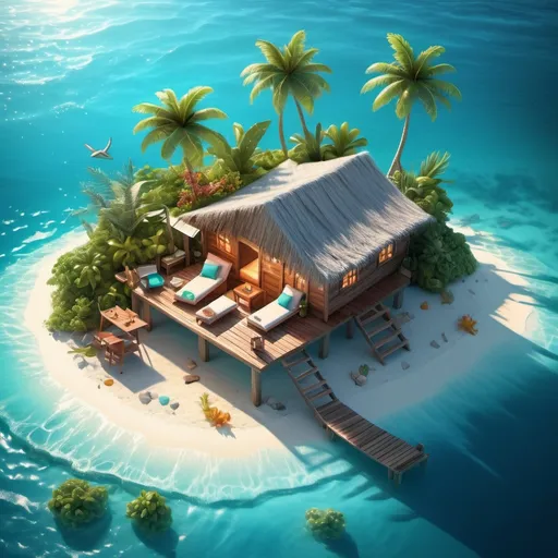 Prompt: (miniature isometric world render), a cozy hut nestled amidst sparkling clear water, lush tropical surroundings, a captivating turquoise ocean reflecting sunlight, positioned elegantly on a table, vivid colors, dynamic lighting, serene atmosphere, high detail, ultra-detailed, emphasizing textures of the hut and water, creating an inviting scene reminiscent of the Bahamas.