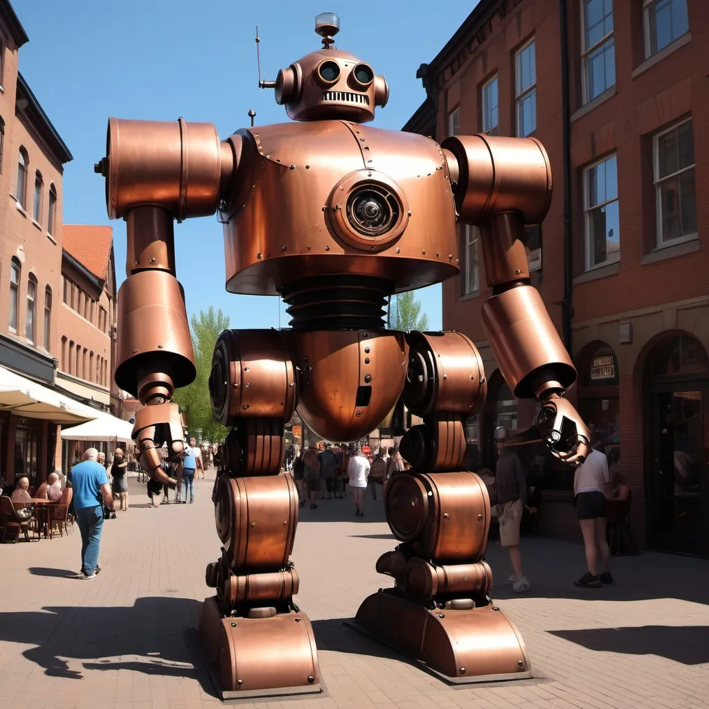 Prompt: Big copper robot, dieselpunk, old town