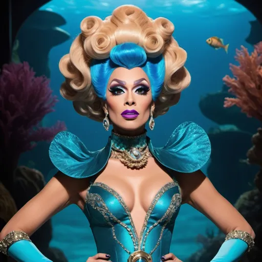 Prompt: Generate an image of Captain Nemo, the mysterious and iconic character from "20,000 Leagues Under the Sea," as an extraordinary drag queen competing on RuPaul's Drag Race. Envision Nemo confidently sashaying down the runway, showcasing a drag look that seamlessly melds the character's underwater persona with the high-fashion, glamorous world of drag. Capture the essence of the Drag Race aesthetic, ensuring that the resulting image is indistinguishable from an authentic still from the show. Highlight Nemo's enigmatic charm and powerful stage presence, creating a visual masterpiece that effortlessly merges the realms of literature and drag performance.