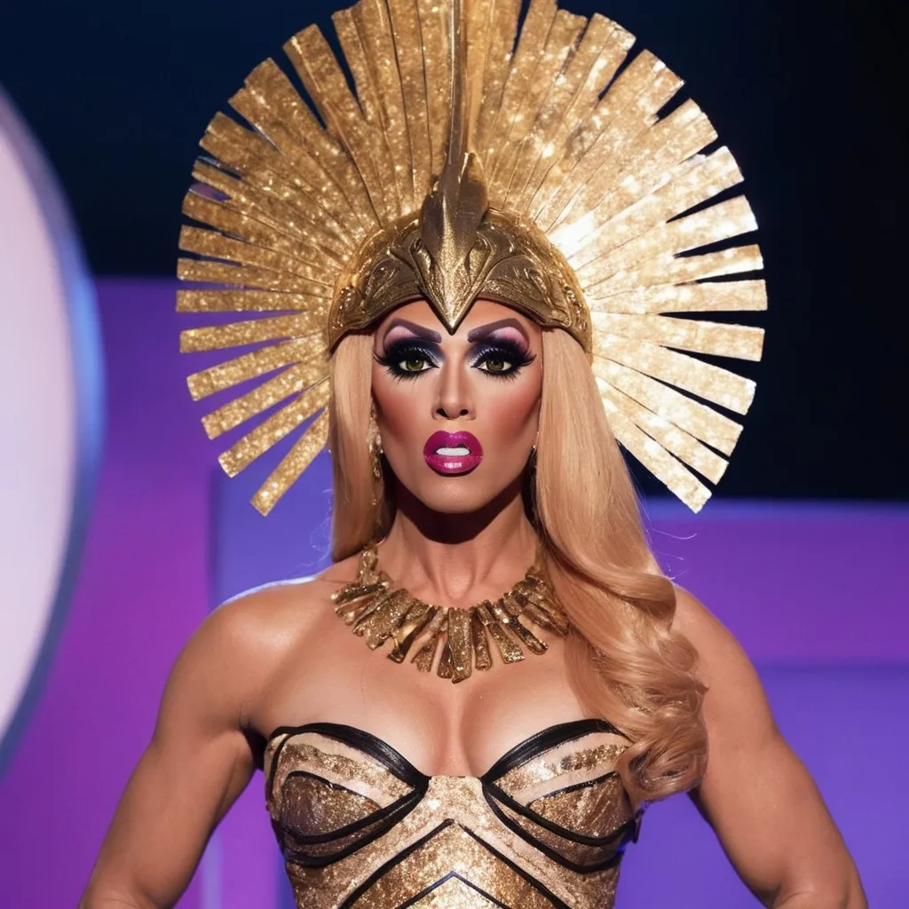 Prompt: Generate an image of Achilles, the legendary Greek warrior from the Iliad, transformed into a fierce and glamorous drag queen competing on RuPaul's Drag Race. Picture Achilles strutting down the runway with confidence, displaying an outfit and makeup that seamlessly blends Greek mythology and high-fashion drag. Capture the essence of the Drag Race aesthetic, ensuring that the generated image looks indistinguishable from an actual still from the show