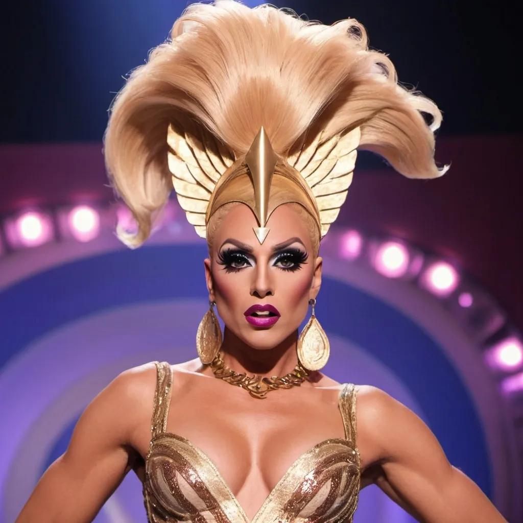 Prompt: Generate an image of Achilles, the legendary Greek warrior from the Iliad, transformed into a fierce and glamorous drag queen competing on RuPaul's Drag Race. Picture Achilles strutting down the runway with confidence, displaying an outfit and makeup that seamlessly blends Greek mythology and high-fashion drag. Capture the essence of the Drag Race aesthetic, ensuring that the generated image looks indistinguishable from an actual still from the show