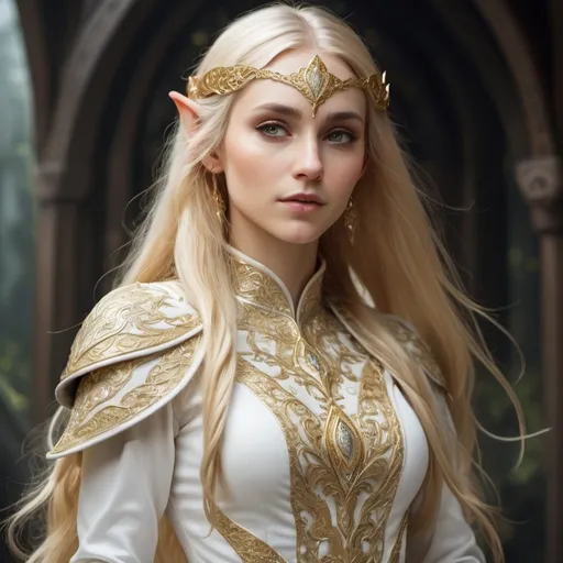 Prompt: A youthful female elf woman with long, well-groomed golden hair, wearing finely-pressed, extremely expensive white clothing with silver and gold embroidery, and an ornate elvish breastplate. Fantasy.