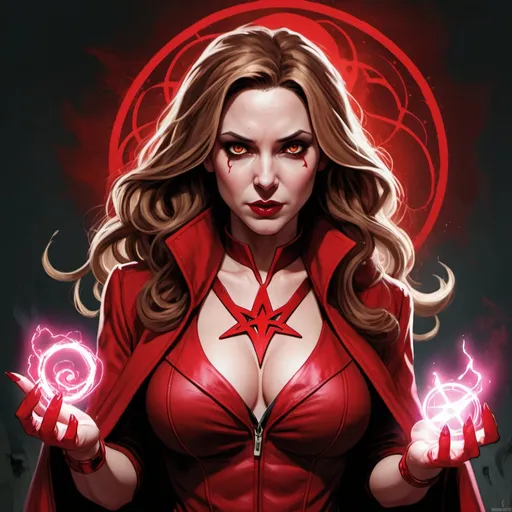Prompt: A female fusion of John Constantine and The Scarlet Witch, as a single woman, incorporating aspects of both of their appearances.