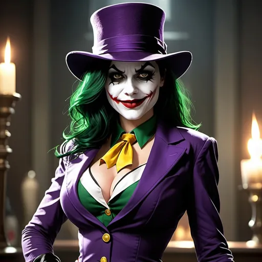 Prompt: A female fusion of the Joker and Zatanna, as a single woman, incorporating aspects of both of their appearances.