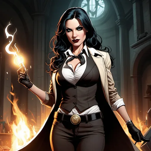 Prompt: A female fusion of John Constantine and Zatanna, as a single woman, incorporating aspects of both of their appearances.