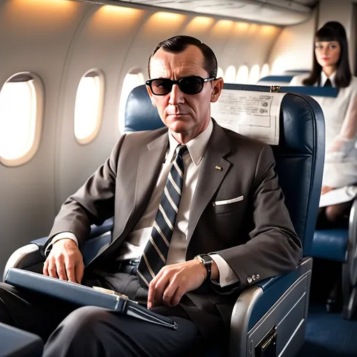 Prompt: Image of db cooper sitting in an airplane seat with sunglasses and a briefcase in his lap. A airhostess walking away to the back of the airplane in the background. Image should be ultra high quality. Background blurred a little.