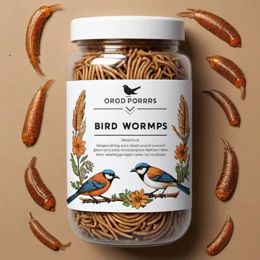 Prompt: Design a captivating label for a product aimed at bird enthusiasts. The product is dried mealworms, a nutritious treat for various bird species. Your design should convey the high quality and natural aspect of the product, while also highlighting its appeal to birds and their owners. Consider incorporating imagery or illustrations of birds enjoying the mealworms, along with clear and engaging text that communicates the product's benefits and usage instructions. 