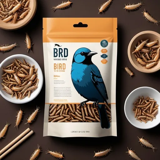 Prompt: Design a captivating label for a product aimed at bird enthusiasts. The product is dried mealworms, a nutritious treat for various bird species. Your design should convey the high quality and natural aspect of the product, while also highlighting its appeal to birds and their owners. Consider incorporating imagery or illustrations of birds enjoying the mealworms, along with clear and engaging text that communicates the product's benefits and usage instructions.