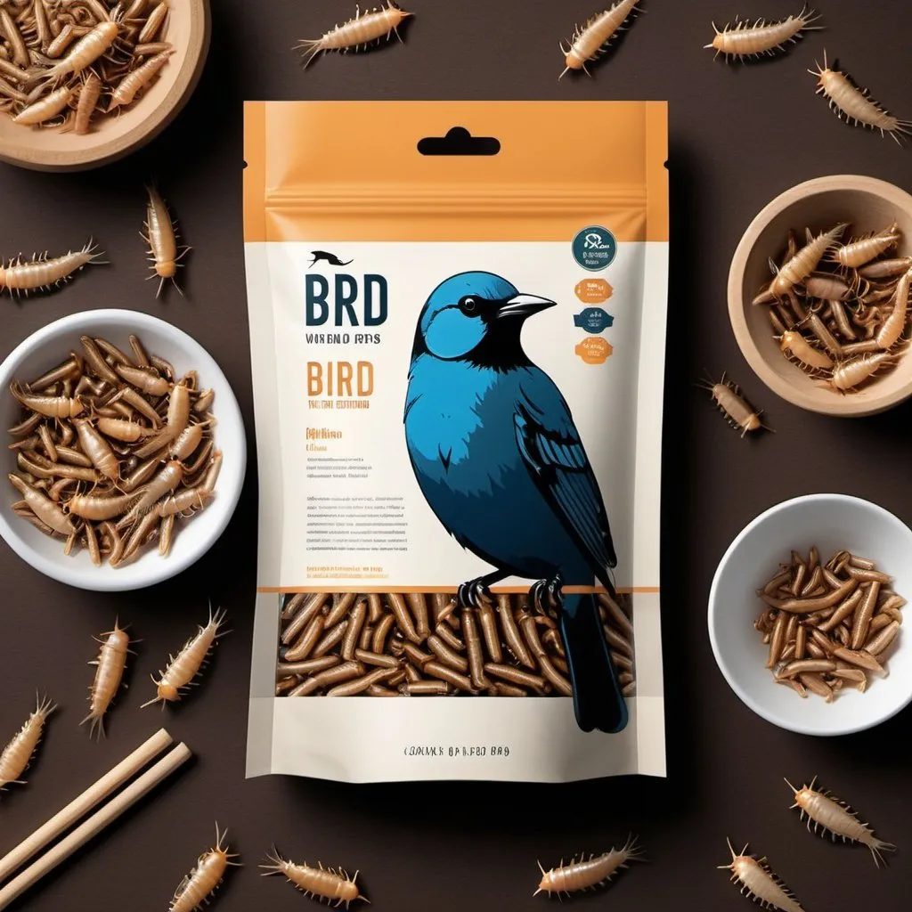 Prompt: Design a captivating label for a product aimed at bird enthusiasts. The product is dried mealworms, a nutritious treat for various bird species. Your design should convey the high quality and natural aspect of the product, while also highlighting its appeal to birds and their owners. Consider incorporating imagery or illustrations of birds enjoying the mealworms, along with clear and engaging text that communicates the product's benefits and usage instructions.