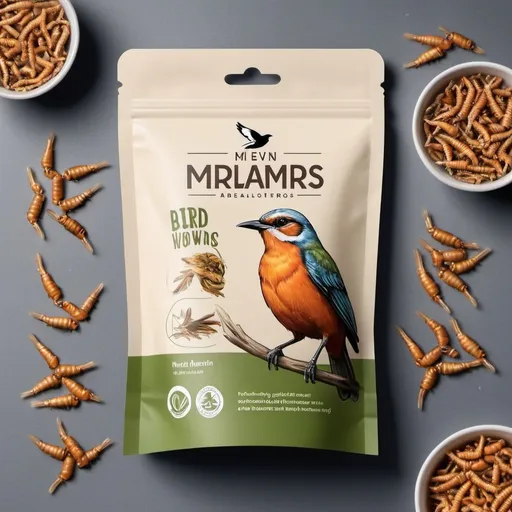 Prompt: Design a captivating label for a product aimed at bird enthusiasts. The product is dried mealworms, a nutritious treat for various bird species. Your design should convey the high quality and natural aspect of the product, while also highlighting its appeal to birds and their owners. Consider incorporating imagery or illustrations of birds enjoying the mealworms, along with clear and engaging text that communicates the product's benefits and usage instructions. 