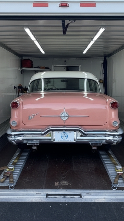 Prompt: a 1956 Oldsmobile loaded in an enclosed car trailer