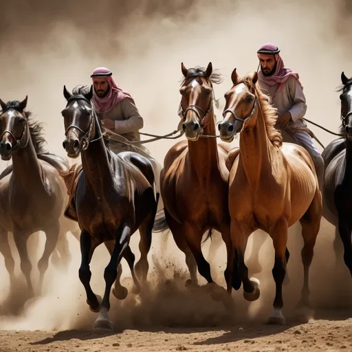 Prompt: a close, intense moment in historic islamic battle. The focus is on 4  Arabian horses, their heads closely packed together. The scene is filled with energy, dust swirling around the horses, which highlights the chaotic and competitive atmosphere of the battle . The riders, though partially obscured, are likely engaged in a fierce struggle to gain control of the carcass  detailed, realistic, natural lighting