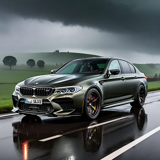 Prompt: A BMW M5 cs in full black colour with devil eyes on the road with rainy weather