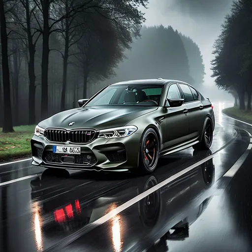 Prompt: A BMW M5 cs in full black colour with devil eyes on the road with rainy weather