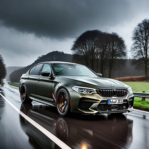 Prompt: A BMW M5 cs in full black colour with devil eyes on the road with rainy weather