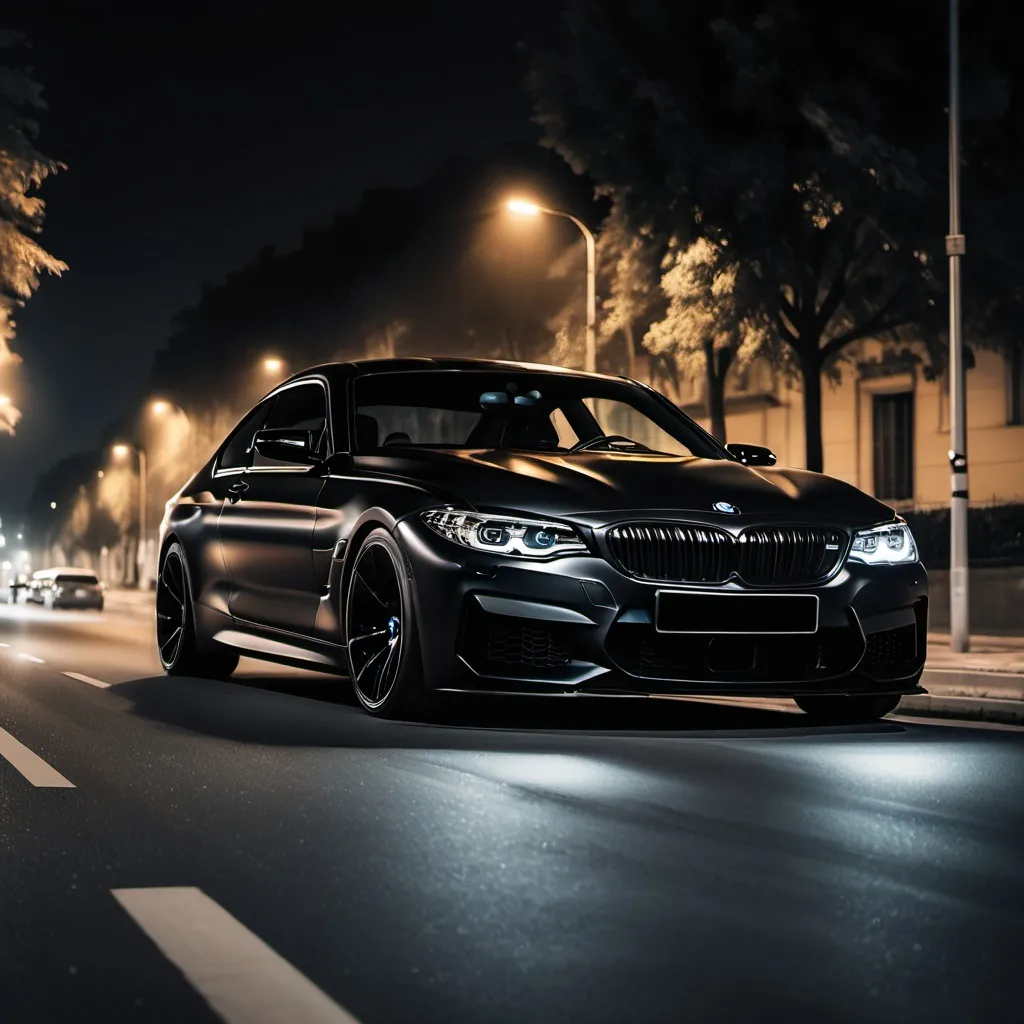 Prompt: Full black BMW in night with headlights on  at the street road