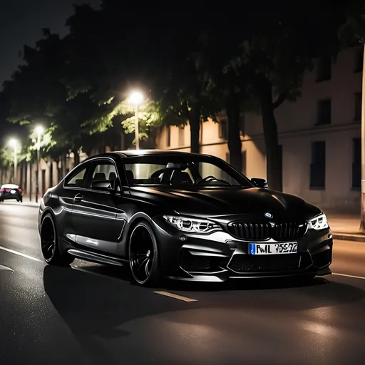 Prompt: Full black BMW in night with headlights on  at the street road