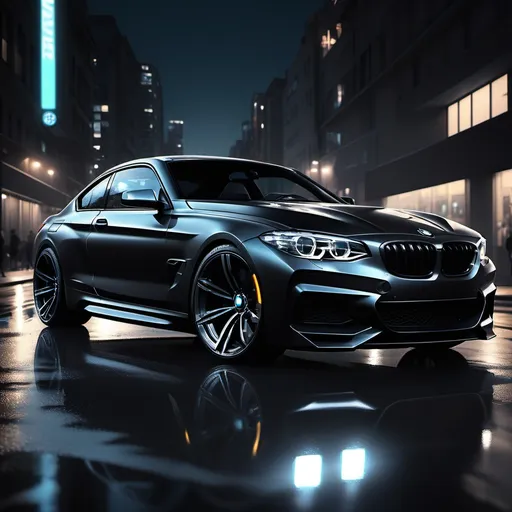 Prompt: full black BMW, (futuristic style), (cool color scheme), illuminated headlights, nighttime street scene, city lights reflecting off the car, rich shadows and highlights, sleek and modern aesthetics, urban environment, ultra-detailed, (high quality), (dramatic atmosphere), emphasizing the contrast between darkness and subtle light.