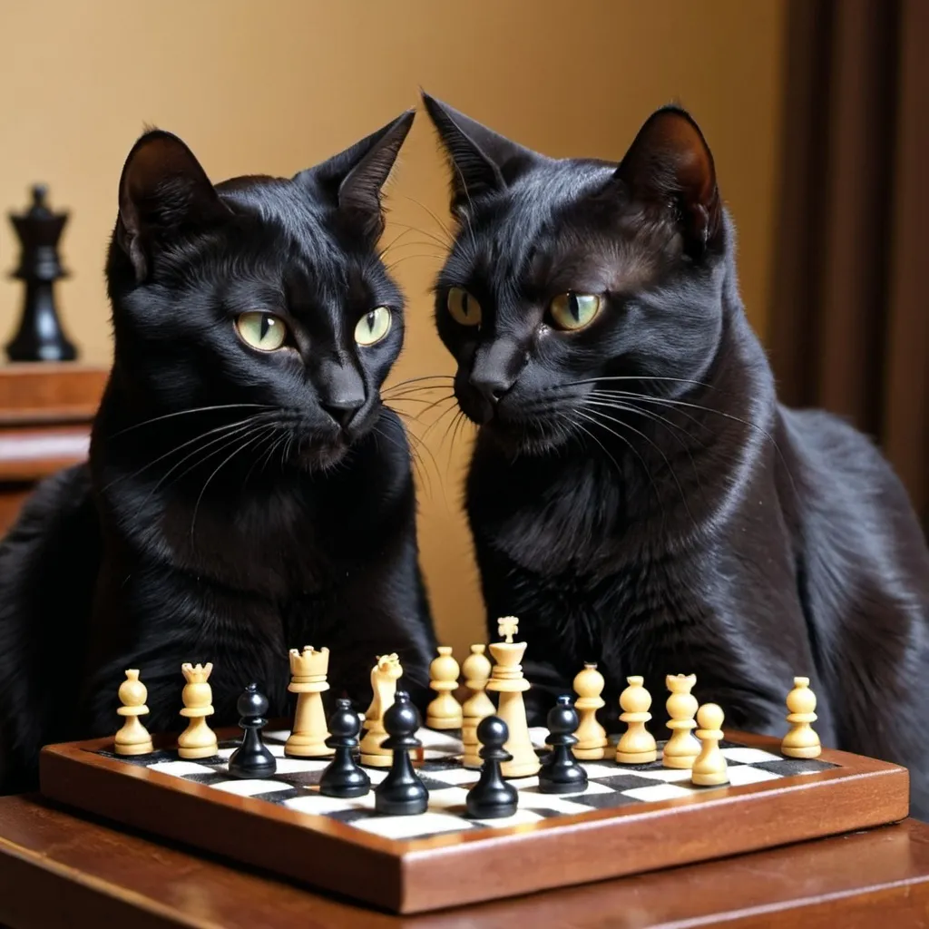 Prompt: 2 black cats playing chess
