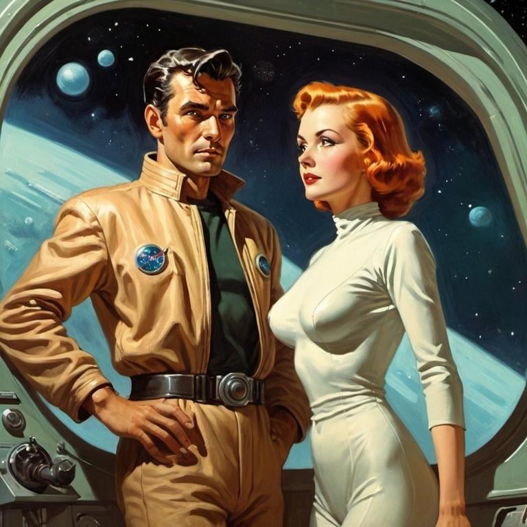 Prompt: man and woman on a spaceship, science-fiction, pulp style