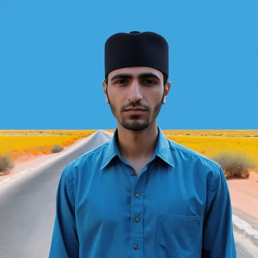 Prompt: a man with a black hat and a blue shirt is standing in front of a painting of a road, Fathi Hassan, hurufiyya, profile picture, a colorized photo