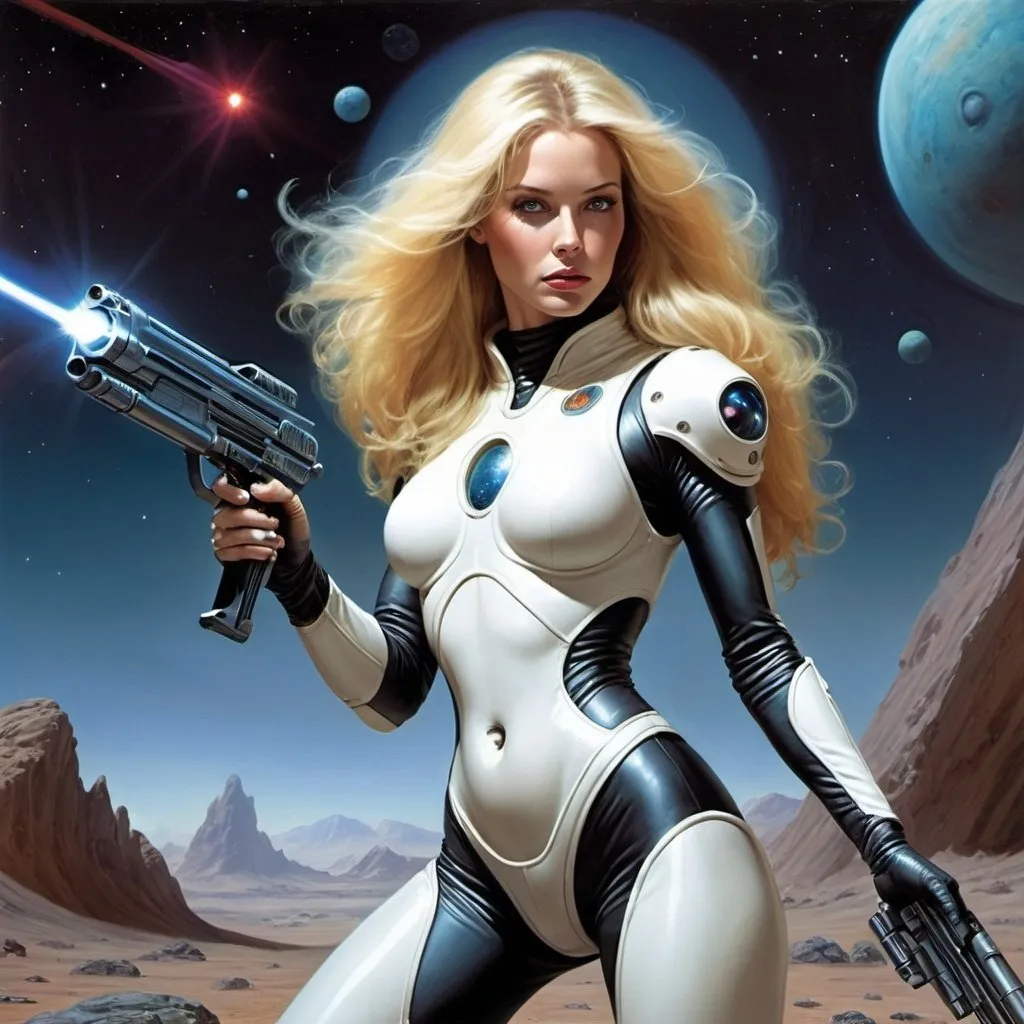 Prompt: fantasy in the style of julie bell, sci-fi, woman in form-fitting space suit, long blonde hair holding a laser gun. alien planet in the background. 