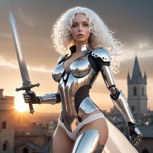 Prompt: beautiful female android, cyborg, full body, futuristic, chrome, long white curly hair, medieval city background, sunset, minimal clothing, arms raised, underarms, holding a sword, rays of sunlight, realistic
