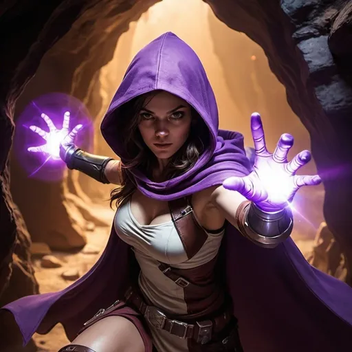 Prompt: female rogue, wearing purple hood and cloak, facing away. Glowing gauntlet flying in the air. Cavern. 