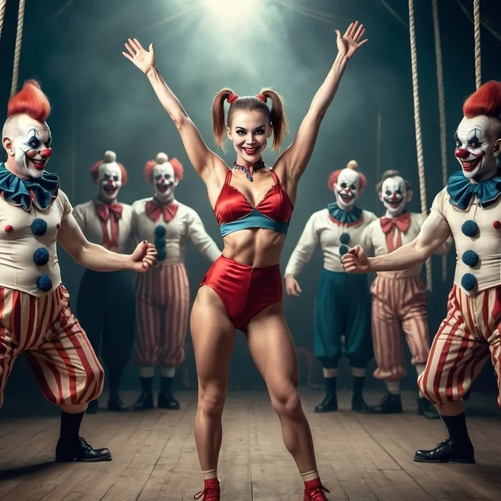 Prompt: full body, attractive, beautiful woman with ponytail, fit, circus performer, arms raised, evil smile, circus in the background with evil creepy clowns