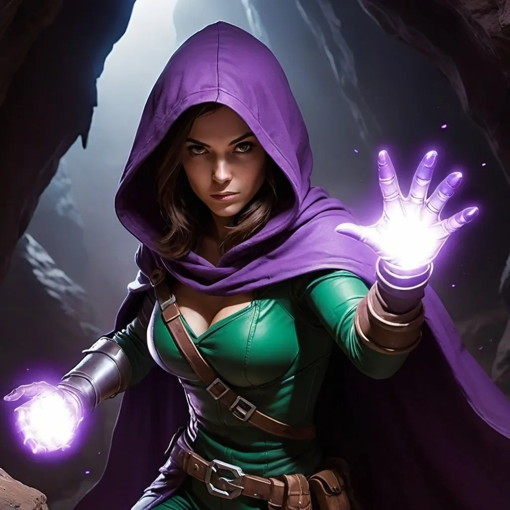 Prompt: female rogue, wearing purple hood and cloak, facing away. Glowing gauntlet flying in the air. Cavern. 