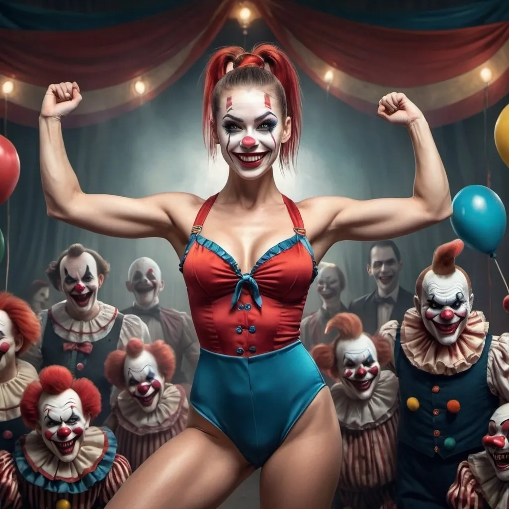 Prompt: full body, attractive, beautiful woman with ponytail, fit, circus performer, arms raised, evil smile, circus in the background with evil creepy clowns