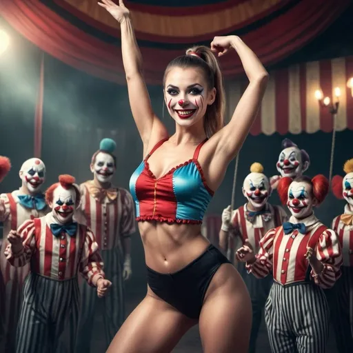 Prompt: full body, attractive, beautiful woman with ponytail, fit, circus performer, arms raised, evil smile, circus in the background with evil creepy clowns