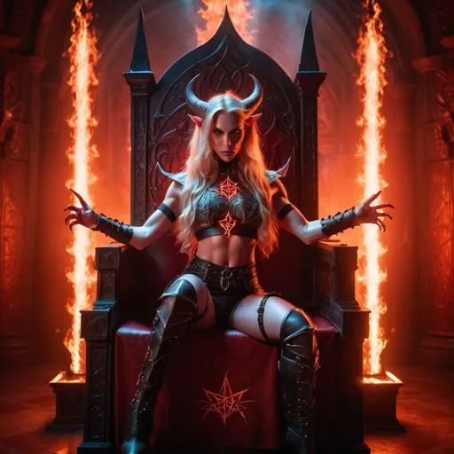 Prompt: beautiful female tiefling, devil woman, red lighting, portrait, long blonde hair in ornate style, muscular, light clothing, crop top, leather armor, sitting on a large ornate throne, arms raised over her head, under arms, dim lighting with magical aura and effects, fire lighting the walls, medieval auditorium with glowing pentagram on the floor
