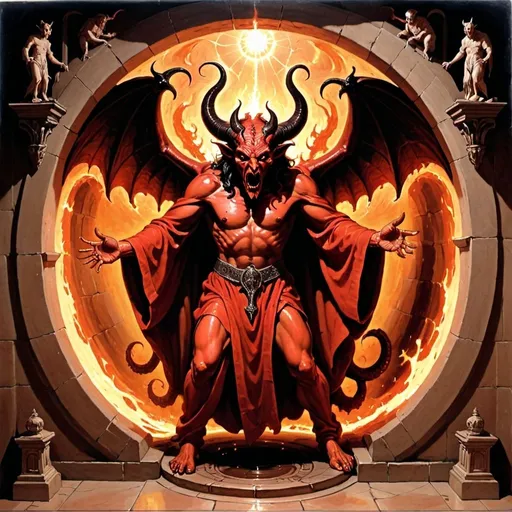 Prompt: asmodeus, satan emerging from a portal in the floor