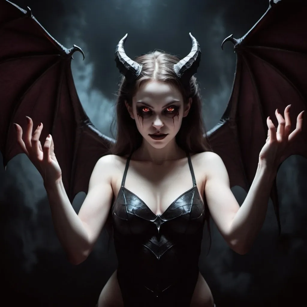 Prompt: beautiful young female devil, succubus, white skin, horror, dark lighting, glowing eyes, arms raised, bat wings, 