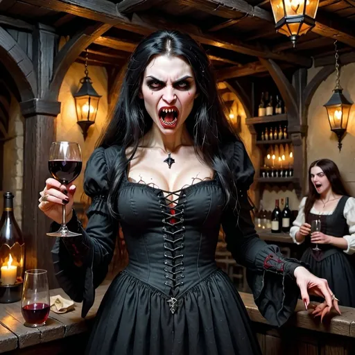 Prompt: realistic beautiful woman vampire, long black hair, terrifying, angry, fangs, mouth open , biting, medieval, scary, creepy, full body, gypsie, black victorian dress, regal, holding a glass of wine, medieval tavern, dark with candle light