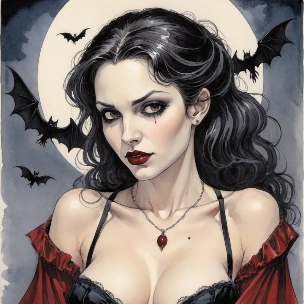 Prompt: beautiful female vampire in the style of milo manara