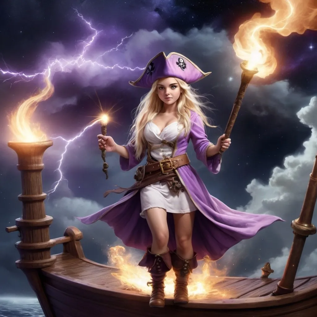 Prompt: realistic female halfling, gnome, long blonde hair in a ponytail, light purple robes, pirate hat, casting a spell, magic staff in one hand, lightning, nighttime, white lighting, fire and lightning effects, on the deck of a pirate ship, outer space, nebula
