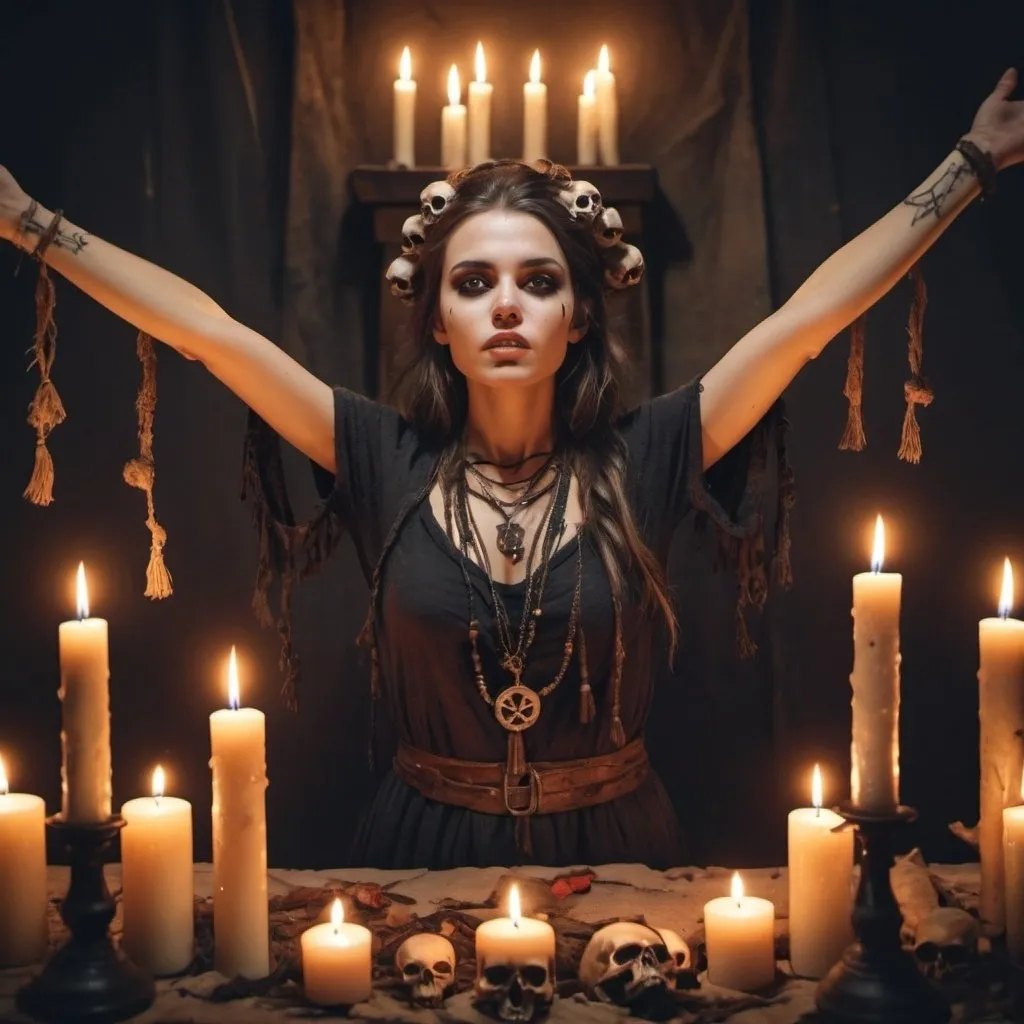 Prompt: 
attractive, beautiful female dressed in primitive rags, arms raised, underarms,  surrounded by skulls, occult ritual, evil, many candles, 
