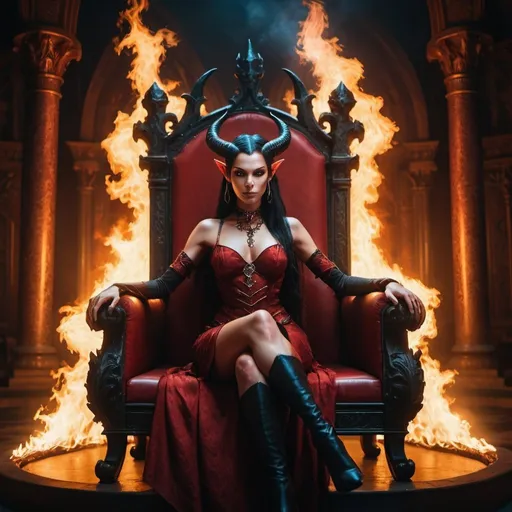 Prompt: beautiful female tiefling, devil woman, sitting on a large ornate throne, dim lighting with magical aura and effects, fire lighting the walls, medieval auditorium
