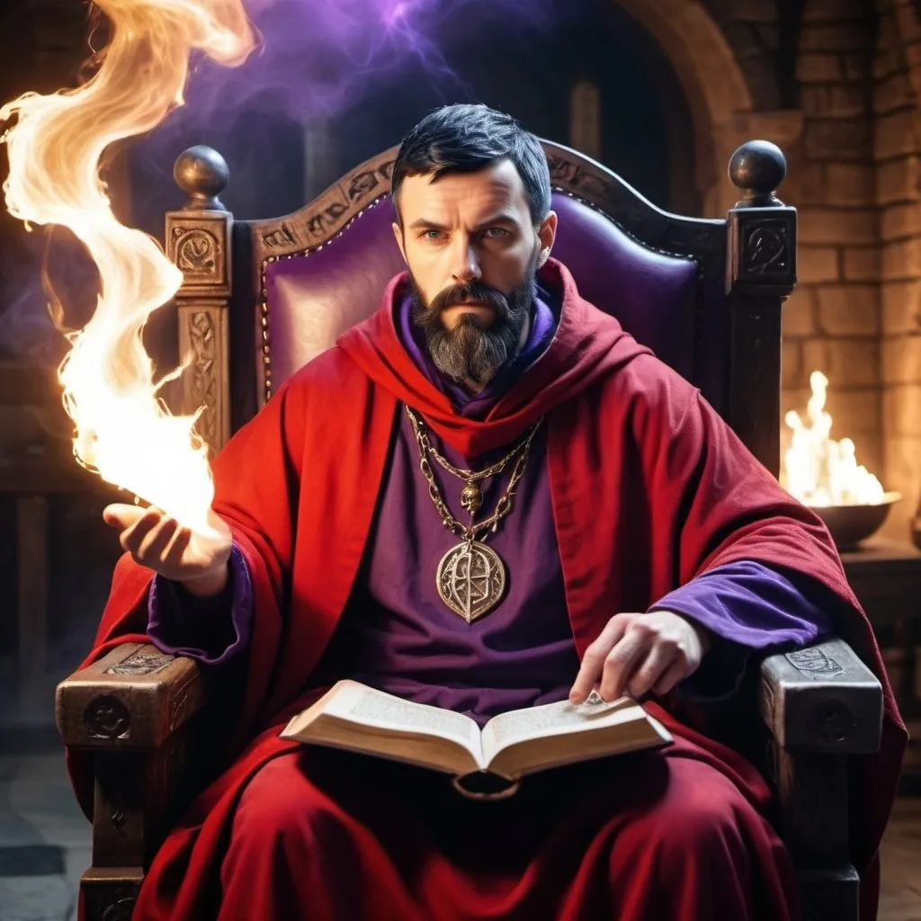 Prompt: Dignified wizard, short black beard, short black hair, red and purple robes. stern looking. sitting in an ornate chair. Holding a spellbook, magical effects. lightning and fire. huge medieval hall in the background
