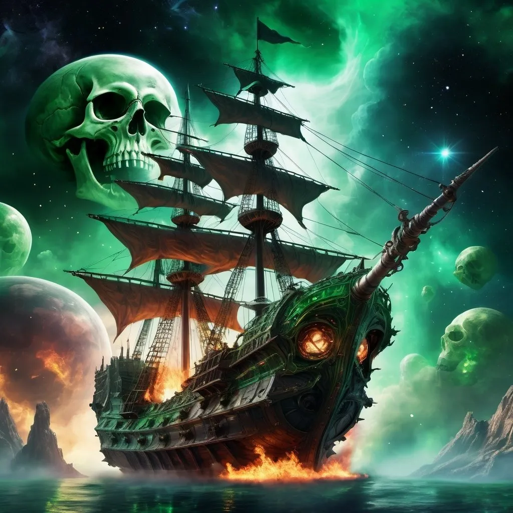 Prompt: huge flying galleon ship in outer space, fantasy, wizards on the deck casting spells, nebula and planet in the background, skulls decorate the side, bright lighting fire and green magic effects
