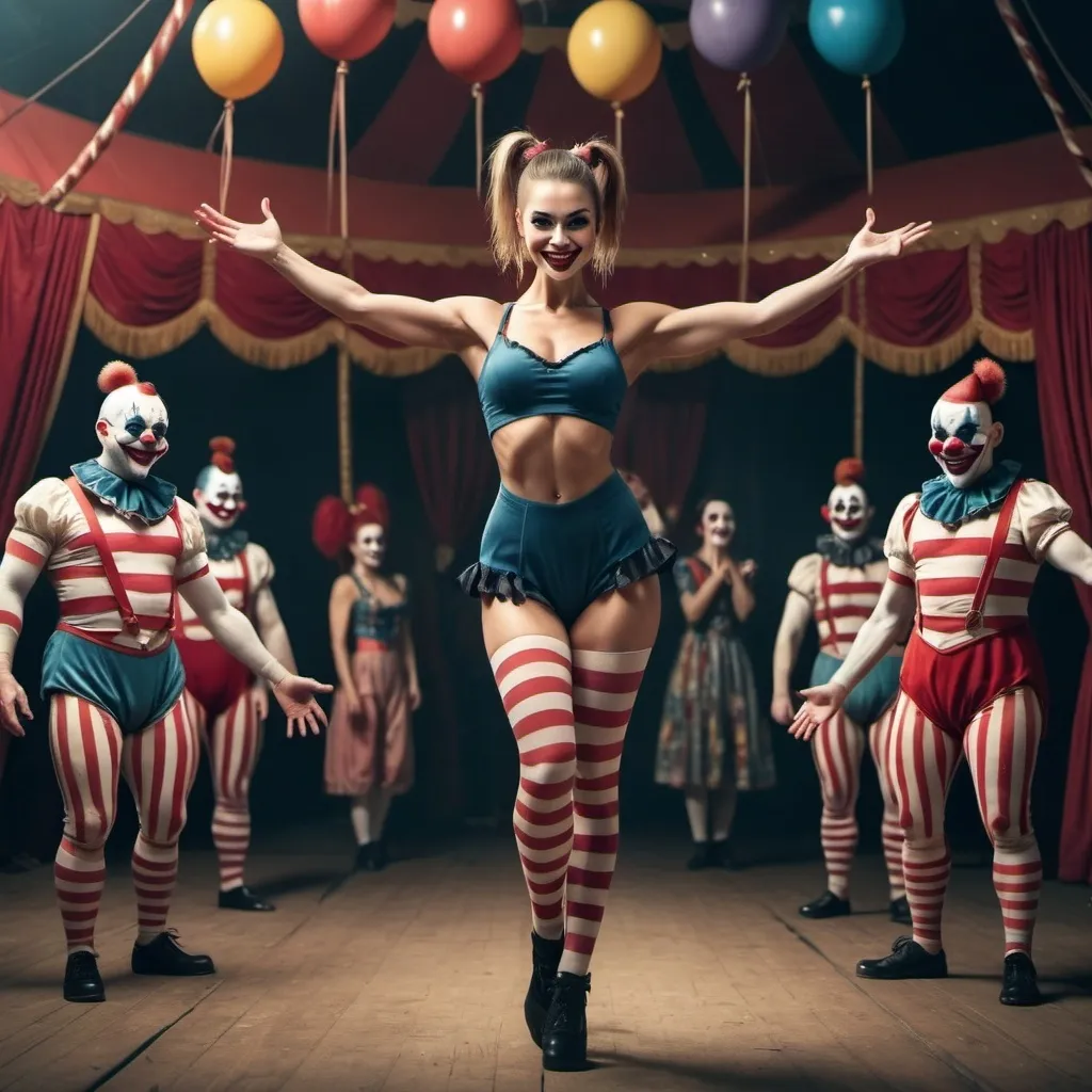 Prompt: full body, attractive, beautiful woman with ponytail, fit, circus performer, arms raised, evil smile, circus in the background with evil creepy clowns
