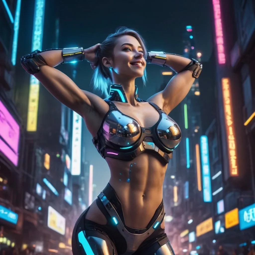 Prompt: realistic female android, cyberpunk, chrome, smiling, many details, cybernetic, muscular, feminine, 6 pack abs, looking up, arms raised, futuristic city in the background, night time, neon lights, 
