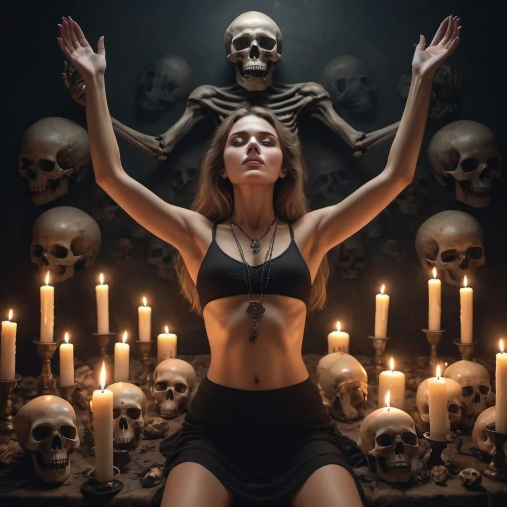 Prompt: full body, realistic, attractive, beautiful woman , arms raised, underarms, all natural, surrounded by skulls, occult ritual, evil, many candles, horror