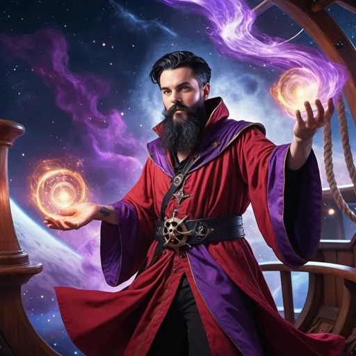 Prompt: arch mage wizard in red and purple robes with short black hair and black beard casting powerful spells, magic effects and aura, on the deck of a flying pirate ship in space, nebula in the background