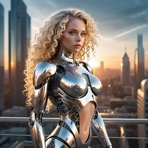 Prompt: beautiful female android, cyborg, full body, futuristic, chrome, long blonde curly hair, city background, sunset, rays of sunlight, realistic
